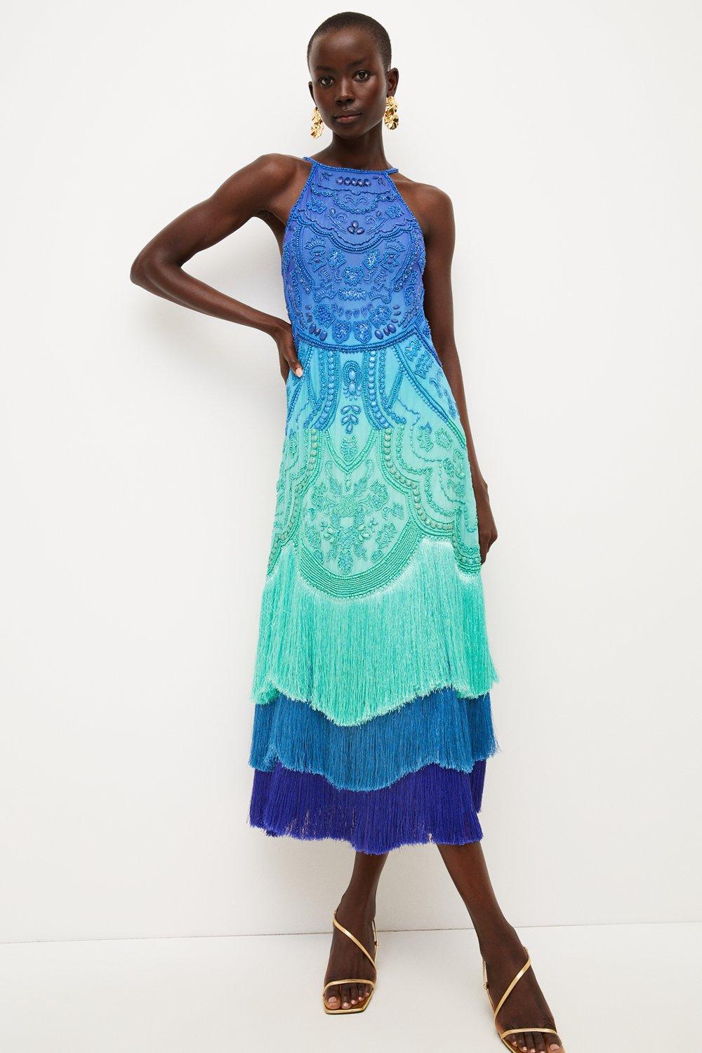 Ombre Fringe Strappy Beaded Maxi Dress ...
